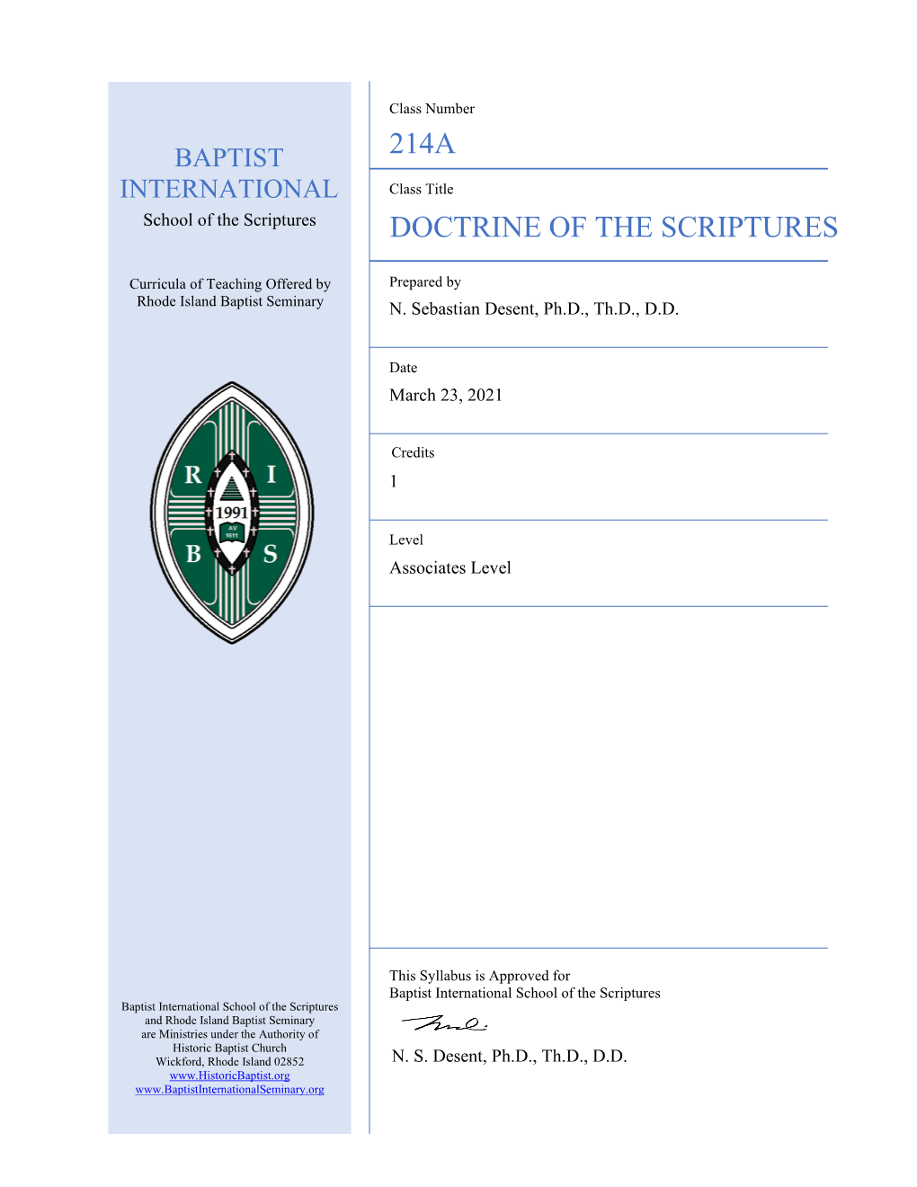214A Doctrine of the Scriptures