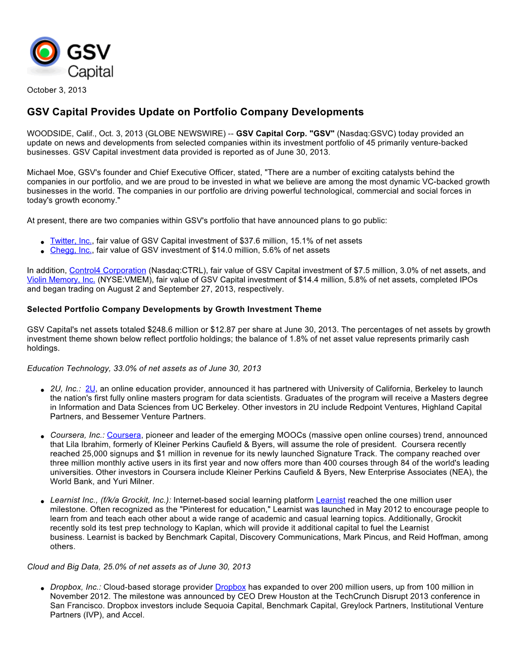GSV Capital Provides Update on Portfolio Company Developments