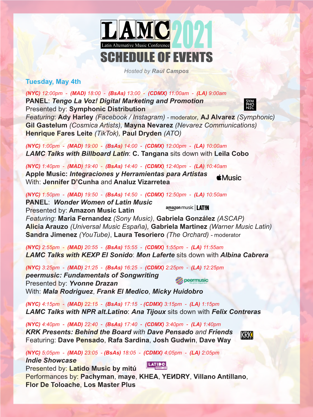 SCHEDULE of EVENTS Hosted by Raul Campos Tuesday, May 4Th