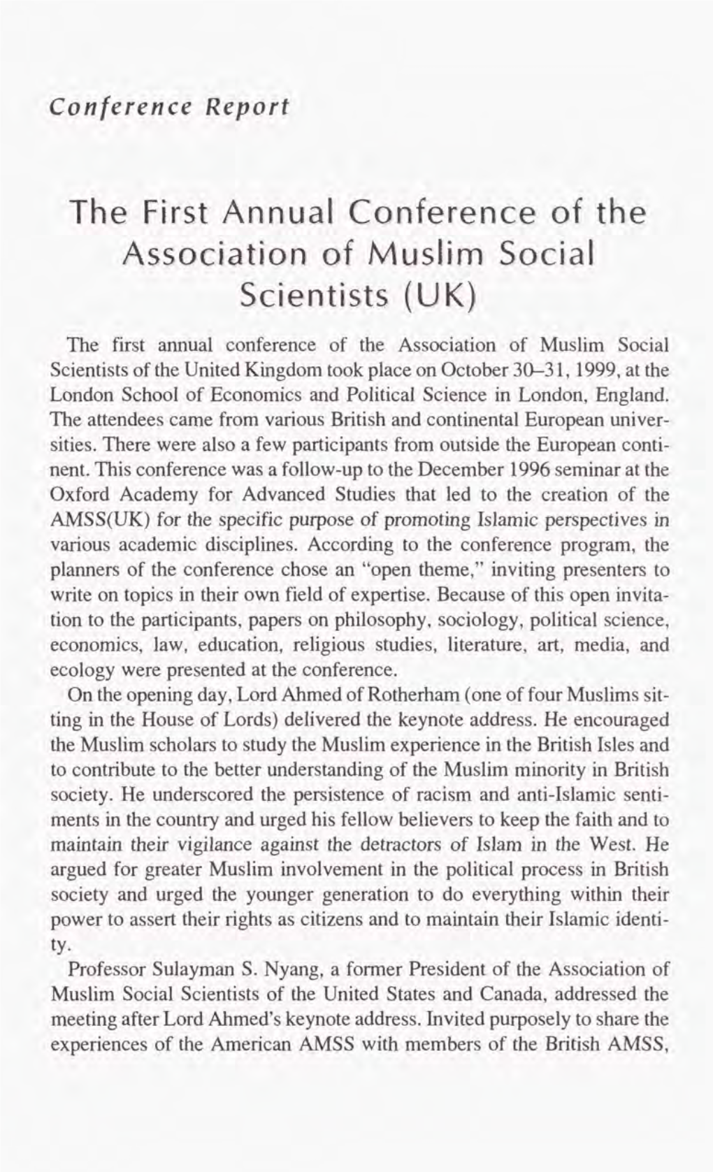 The First Annual Conference of the Association of Muslim Social Scientists (UK)
