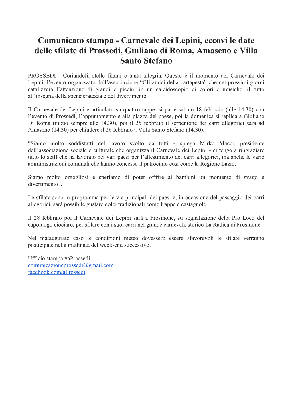 Comunicato Stampa - Carnevale Dei Lepini, Eccovi Le Date Delle Sfilate Di Prossedi, Giuliano Di Roma, Amaseno E Villa Santo Stefano