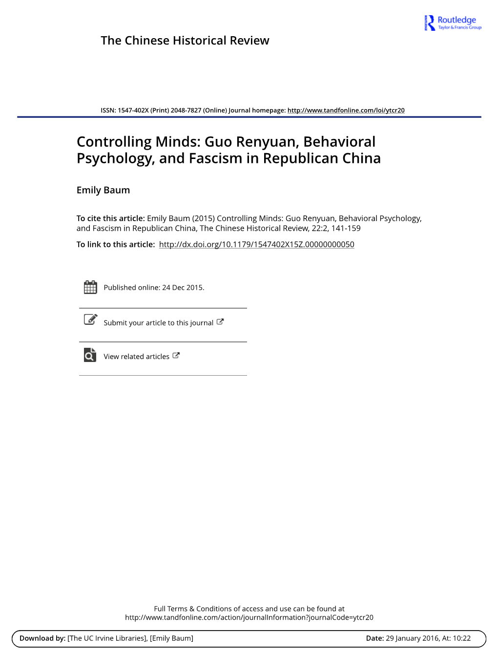 Controlling Minds: Guo Renyuan, Behavioral Psychology, and Fascism in Republican China