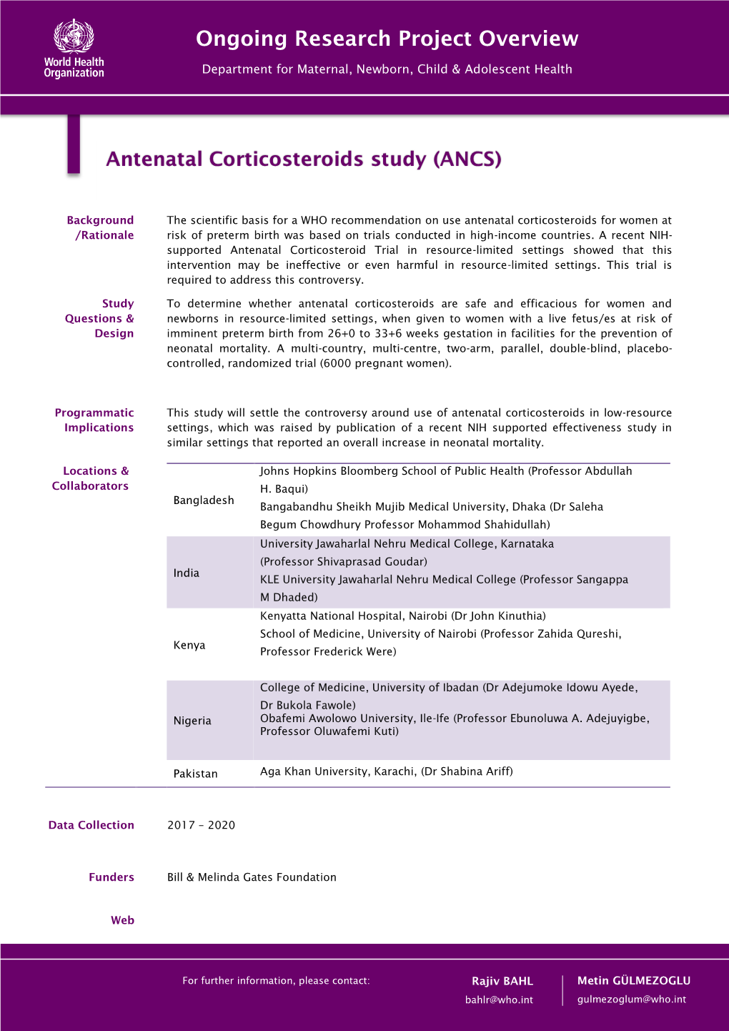 Antenatal Corticosteroids Study (ANCS)