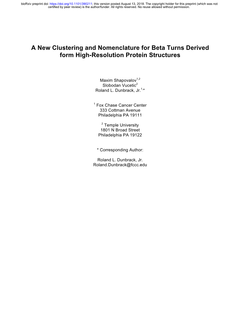 A New Clustering and Nomenclature for Beta Turns Derived Form High-Resolution Protein Structures