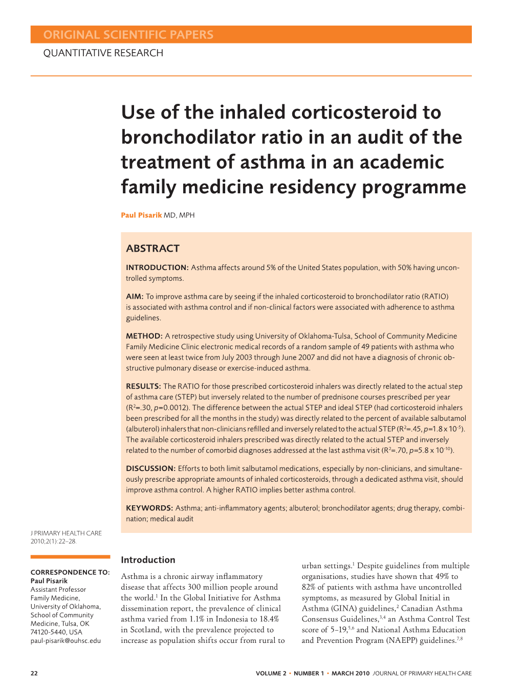 Use of the Inhaled Corticosteroid to Bronchodilator Ratio in an Audit of the Treatment of Asthma in an Academic Family Medicine Residency Programme