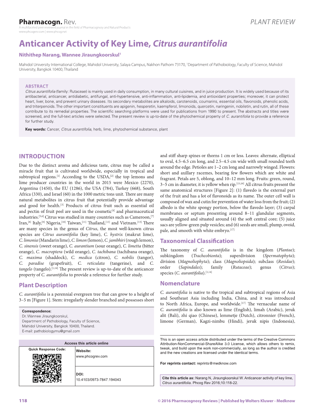 Anticancer Activity of Key Lime, Citrus Aurantifolia Nithithep Narang, Wannee Jiraungkoorskul1