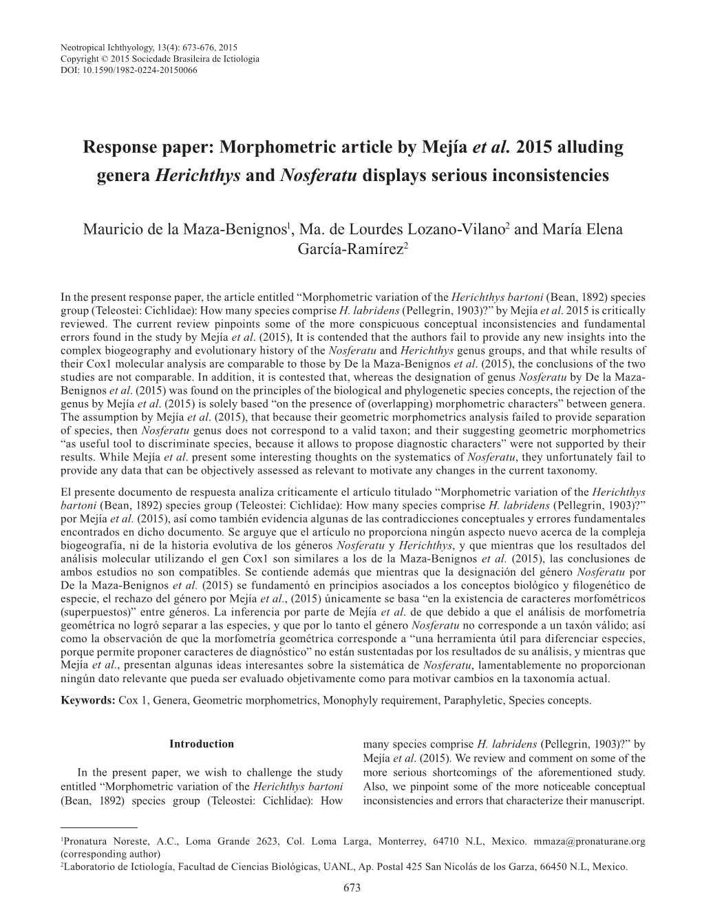 Morphometric Article by Mejía Et Al. 2015 Alluding Genera Herichthys and Nosferatu Displays Serious Inconsistencies