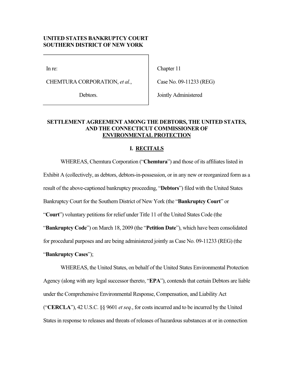 Chemtura Corporation Bankruptcy Settlement Agreement