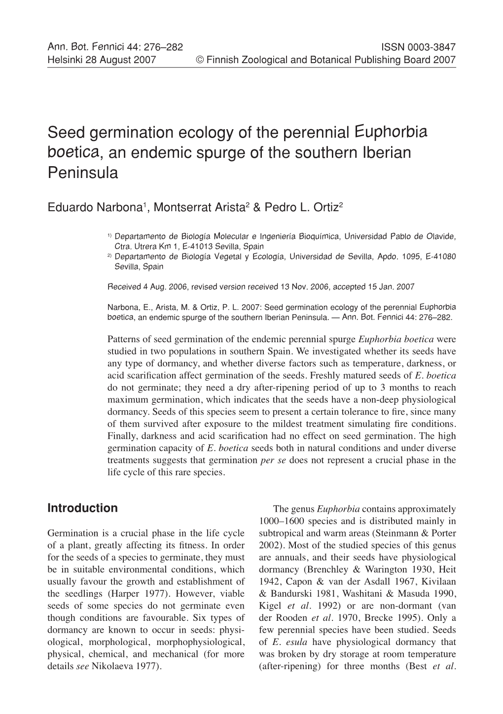 Seed Germination Ecology of the Perennial Euphorbia Boetica, an Endemic Spurge of the Southern Iberian Peninsula