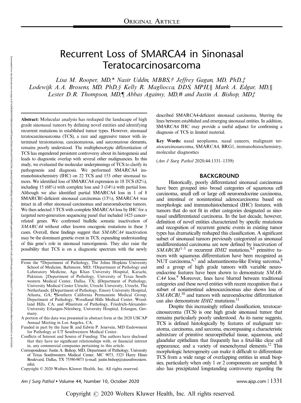 Recurrent Loss of SMARCA4 in Sinonasal Teratocarcinosarcoma