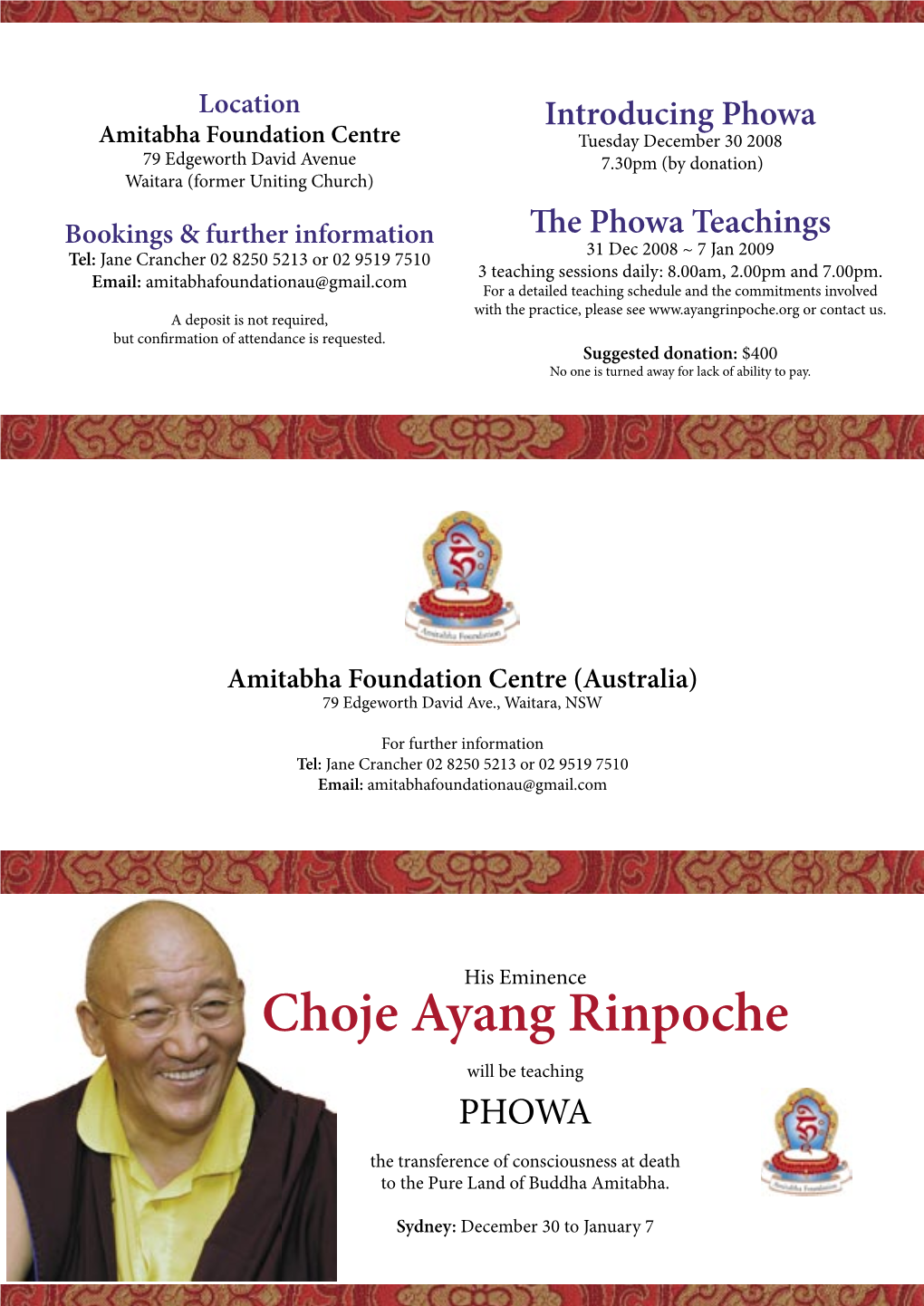 Choje Ayang Rinpoche Will Be Teaching PHOWA the Transference of Consciousness at Death to the Pure Land of Buddha Amitabha