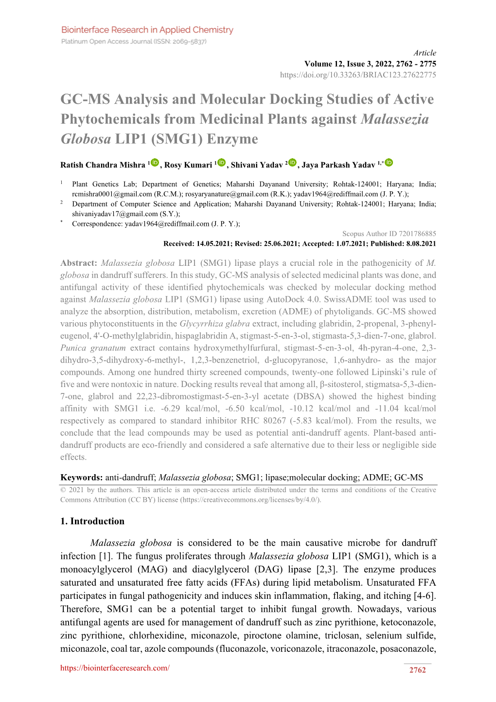 GC-MS Analysis and Molecular Docking Studies of Active Phytochemicals from Medicinal Plants Against Malassezia Globosa LIP1 (SMG1) Enzyme