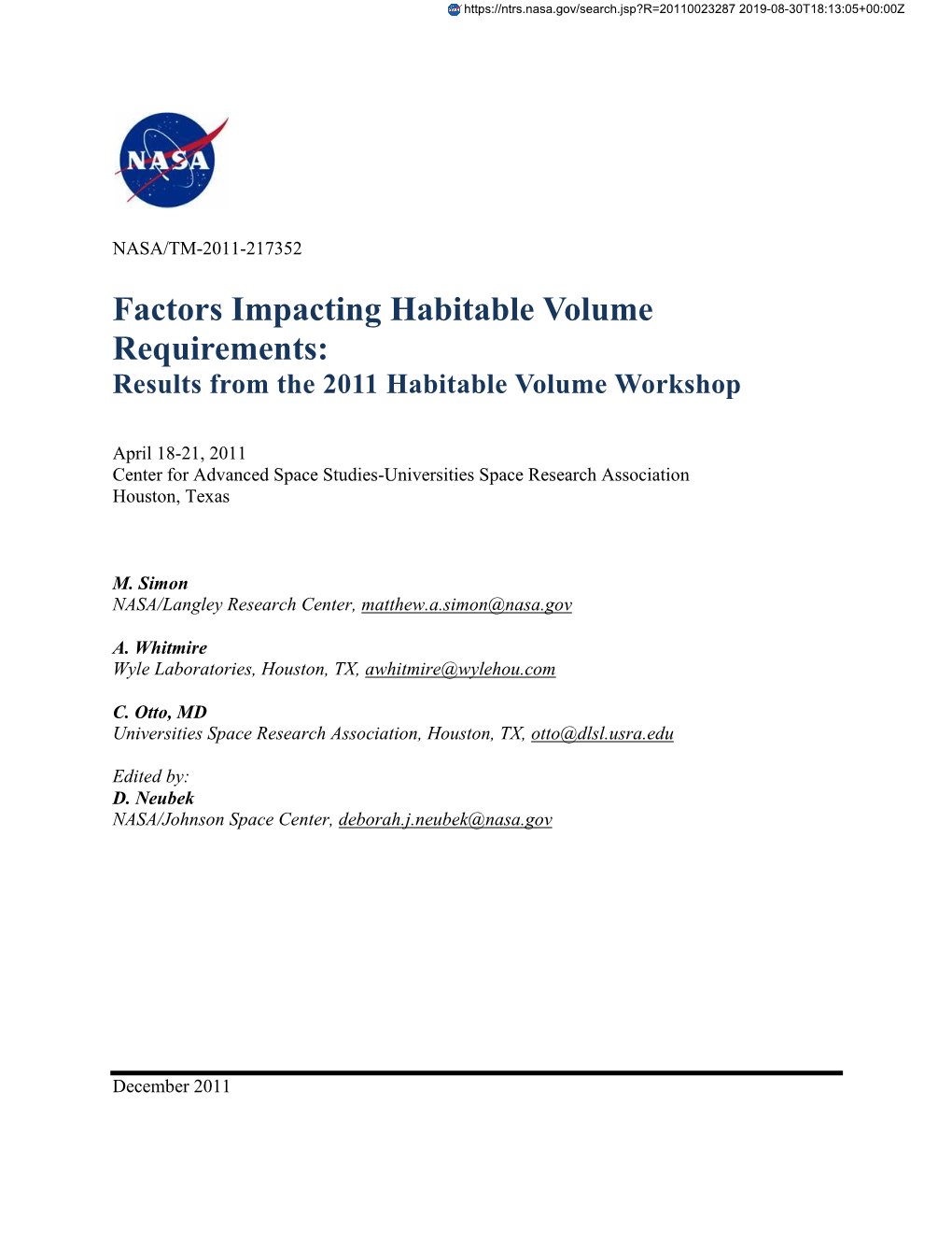 Factors Impacting Habitable Volume Requirements: Results from the 2011 Habitable Volume Workshop