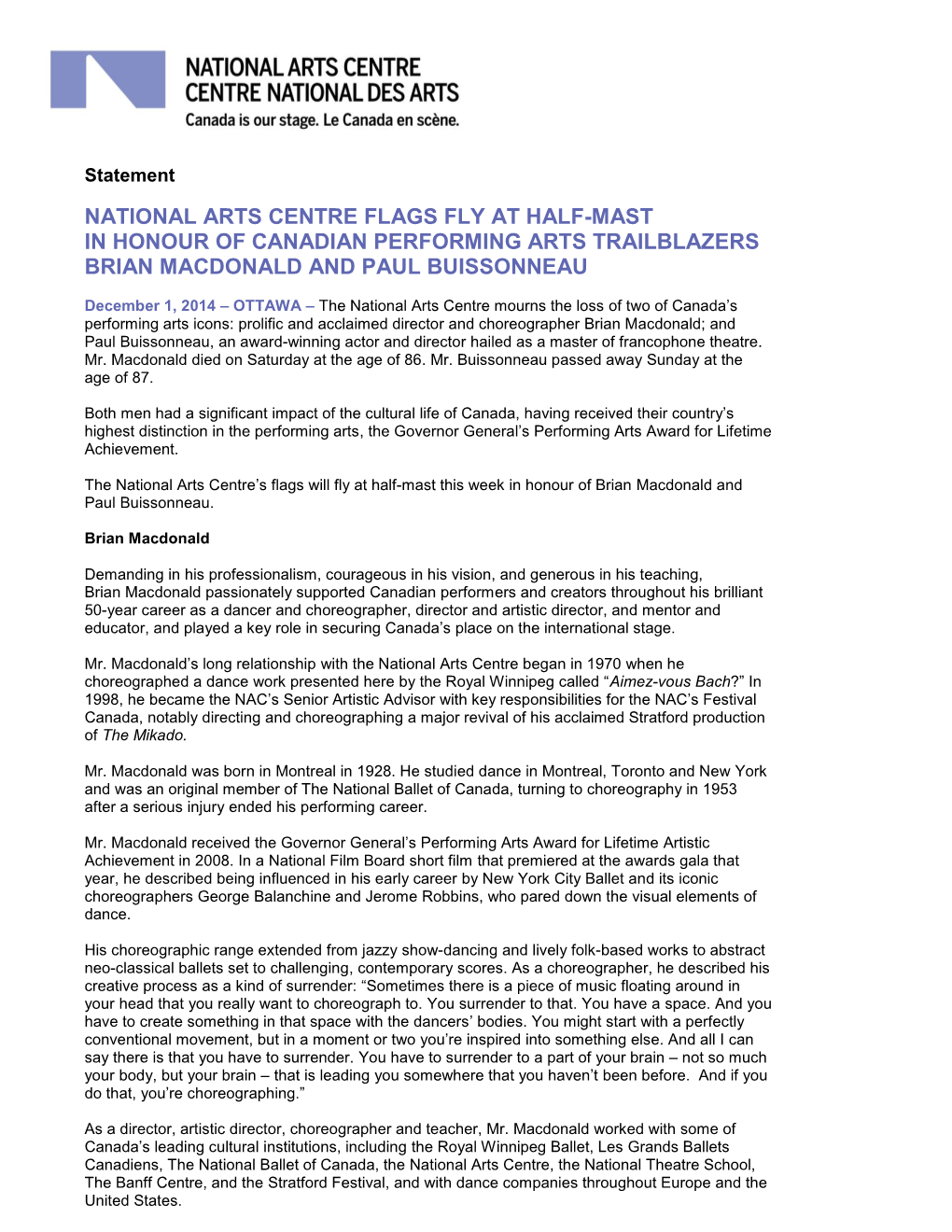 National Arts Centre Flags Fly at Half-Mast in Honour of Canadian Performing Arts Trailblazers Brian Macdonald and Paul Buissonneau
