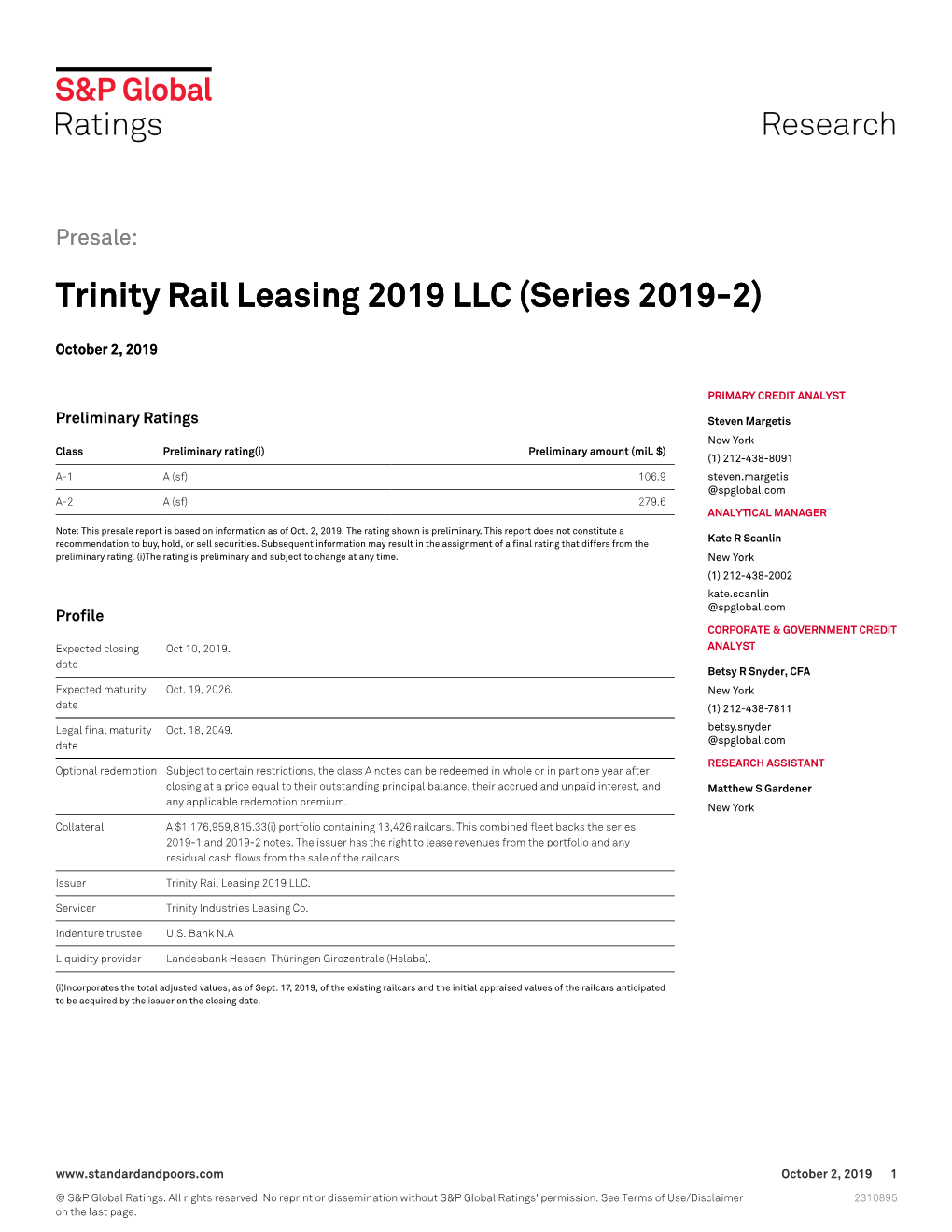 Trinity Rail Leasing 2019 LLC (Series 2019-2)