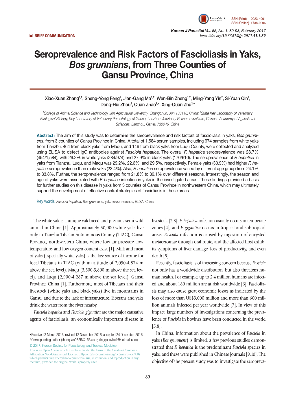 Seroprevalence and Risk Factors of Fascioliasis in Yaks, Bos Grunniens, from Three Counties of Gansu Province, China