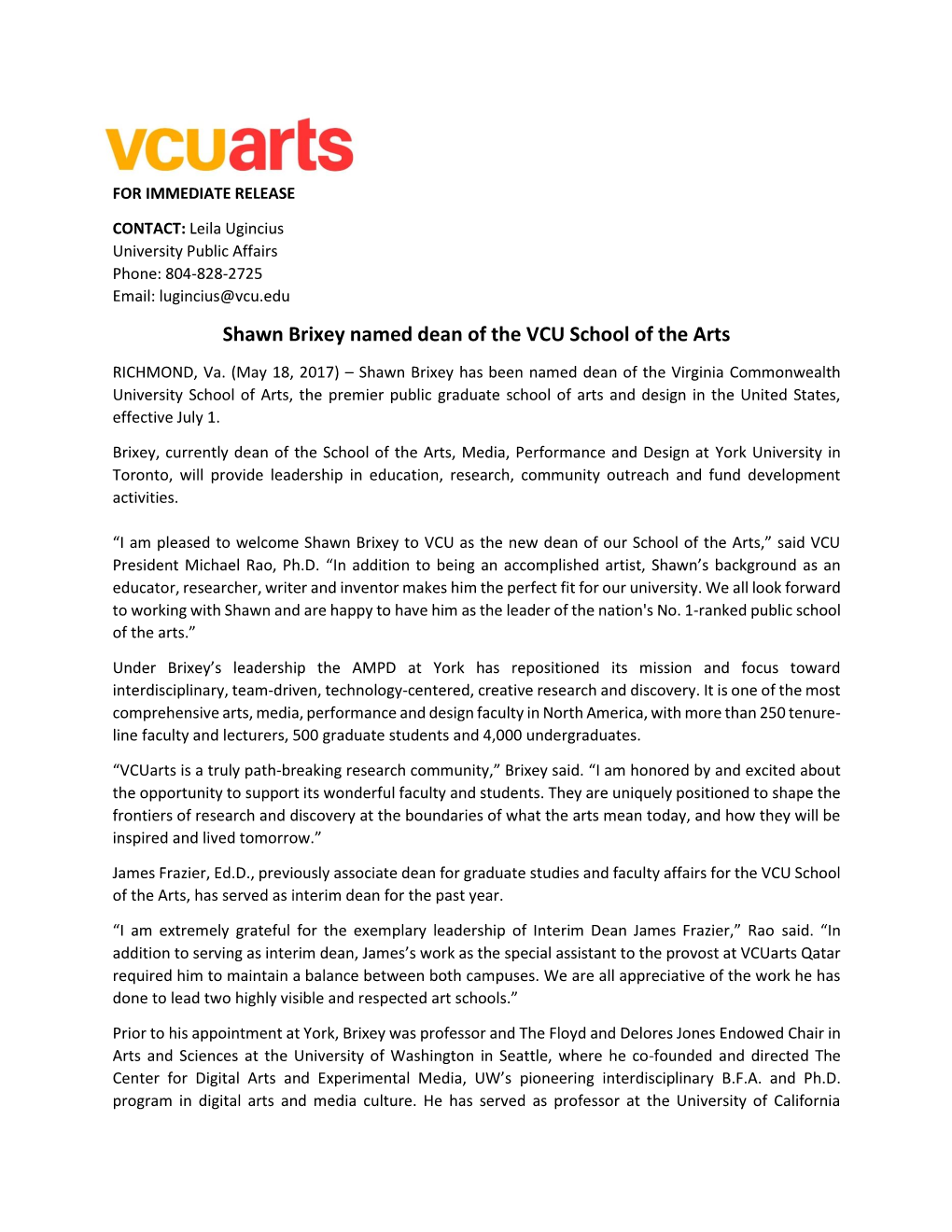 Shawn Brixey Named Dean of the VCU School of the Arts