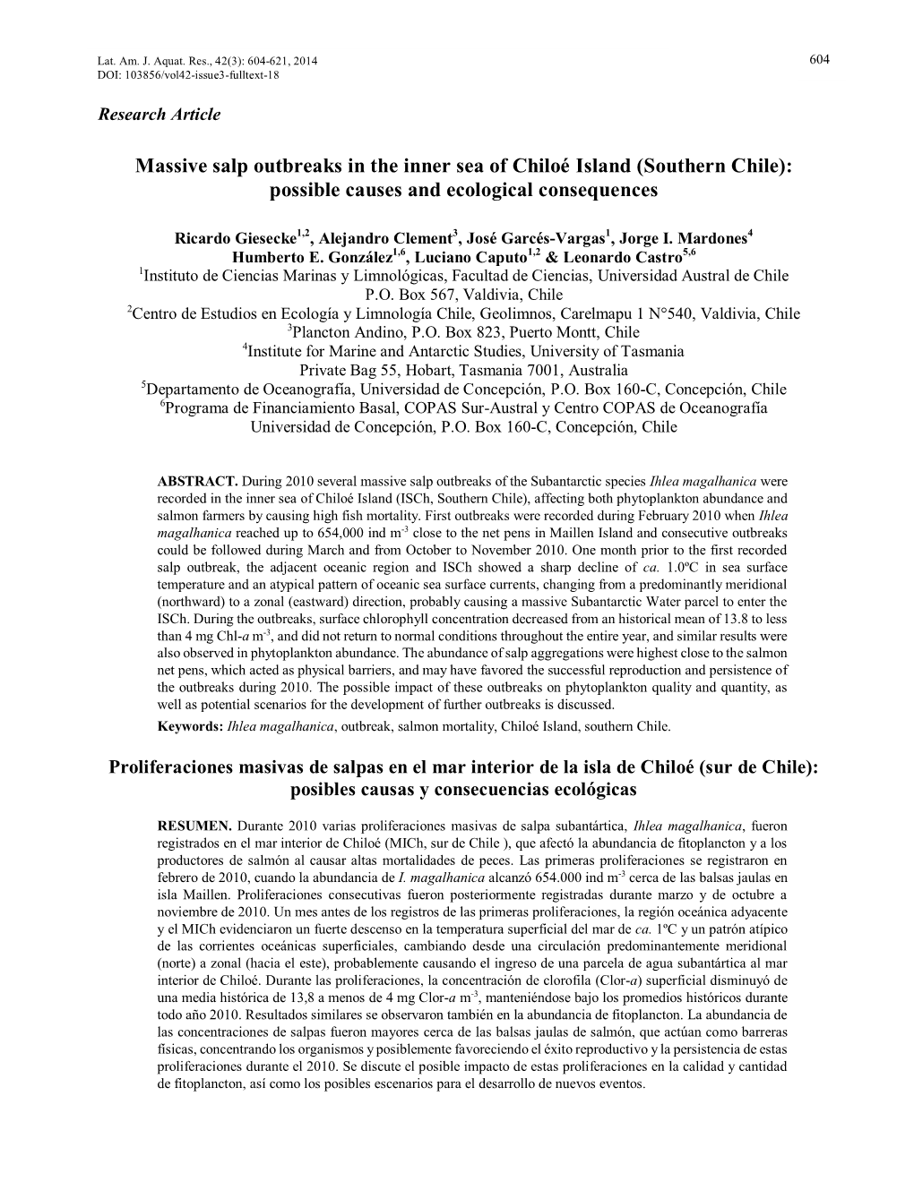 Massive Salp Outbreaks in the Inner Sea of Chiloé Island 604 1 DOI: 103856/Vol42-Issue3-Fulltext-18