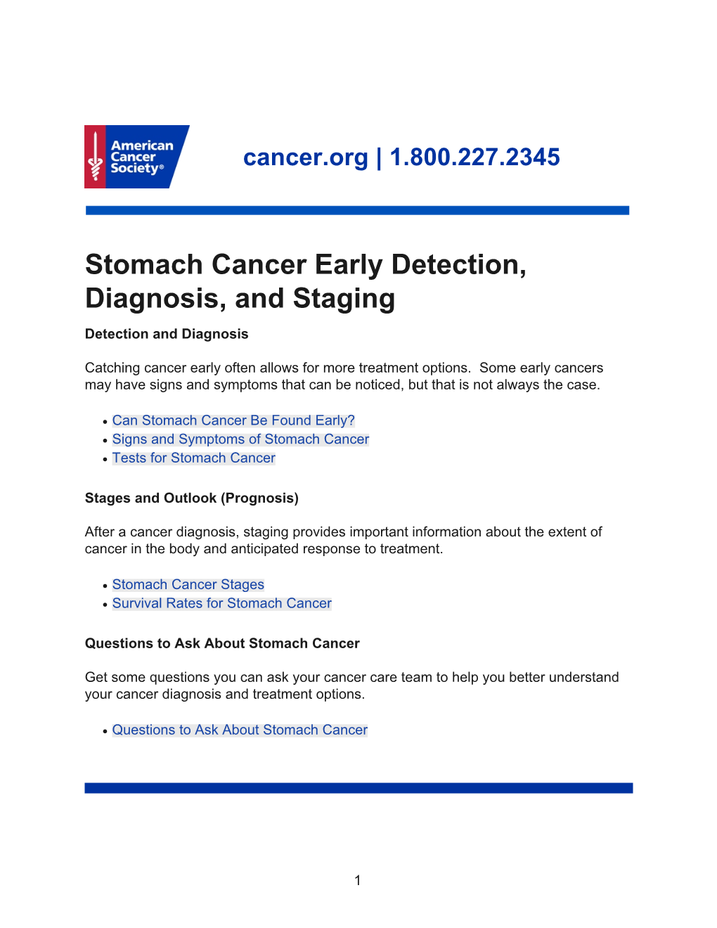 Stomach Cancer Early Detection, Diagnosis, and Staging Detection and Diagnosis