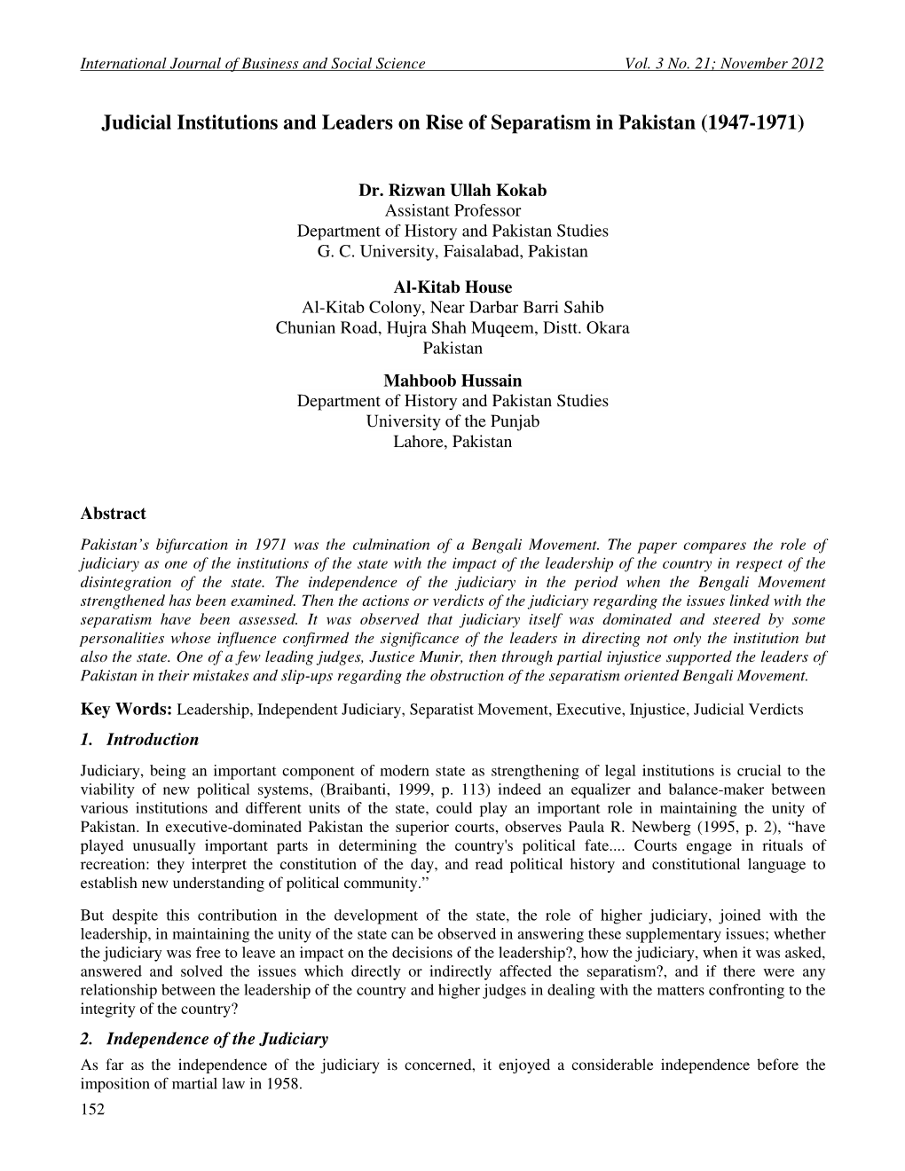 Judicial Institutions and Leaders on Rise of Separatism in Pakistan (1947-1971)