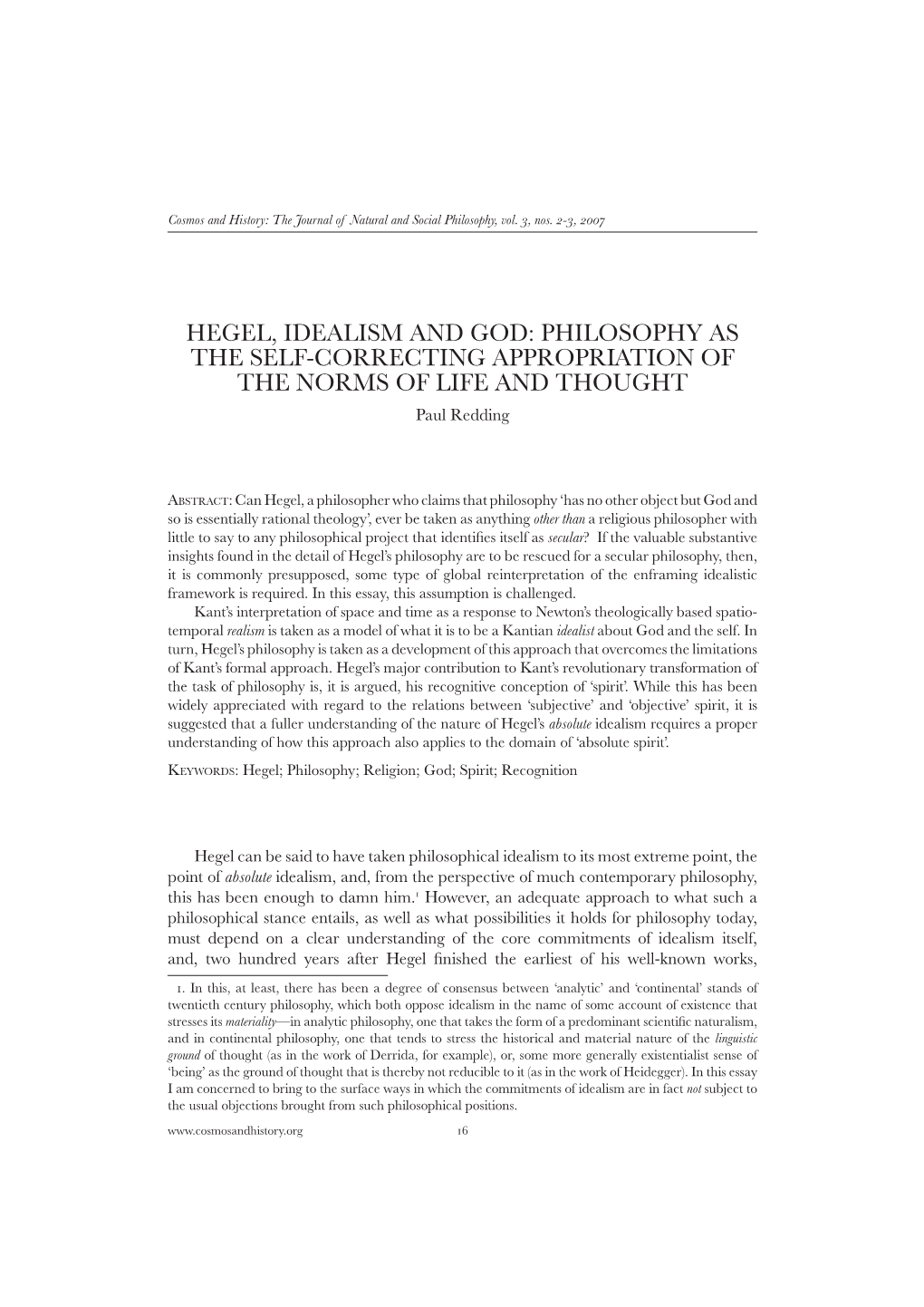 Hegel, Idealism and God: Philosophy As the Self-Correcting Appropriation of the Norms of Life and Thought Paul Redding