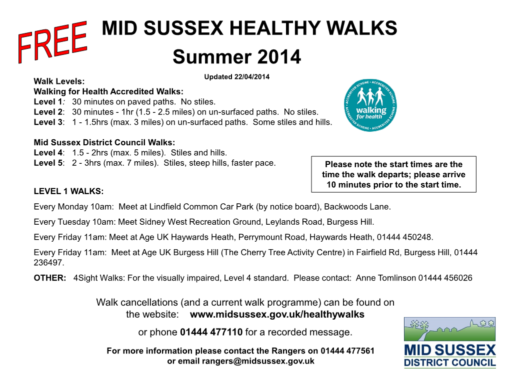 MID SUSSEX HEALTHY WALKS Summer 2014 Updated 22/04/2014 Walk Levels: Walking for Health Accredited Walks: Level 1: 30 Minutes on Paved Paths