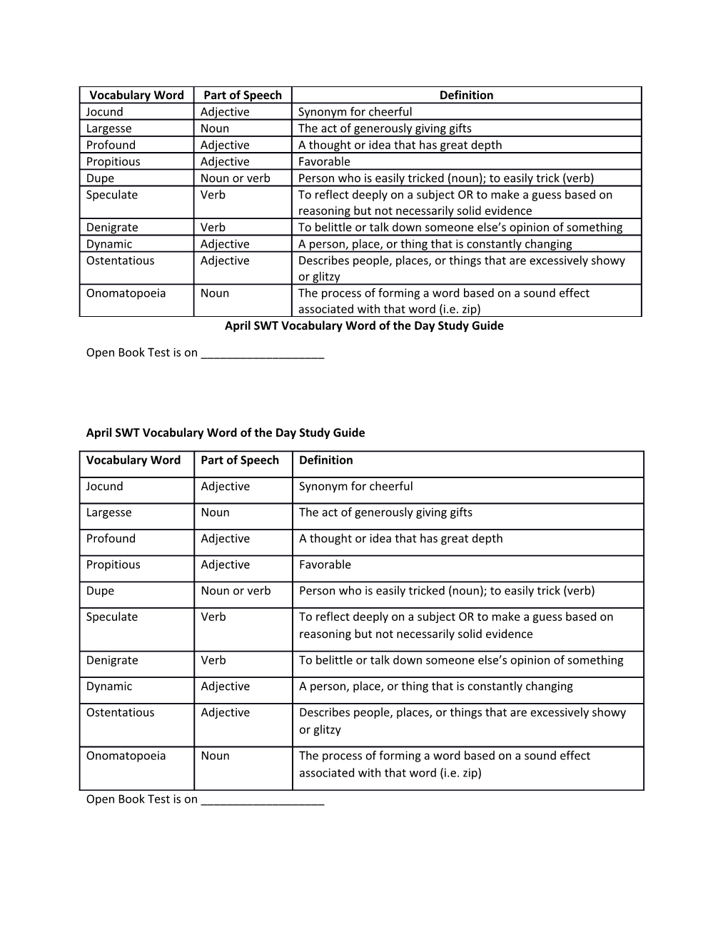 April SWT Vocabulary Word of the Day Study Guide