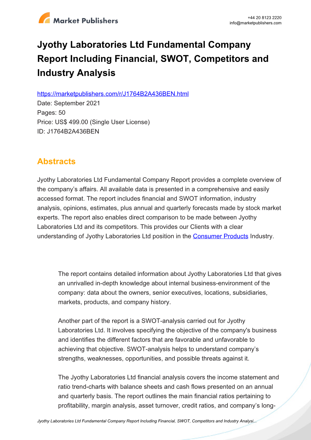 Jyothy Laboratories Ltd Fundamental Company Report Including