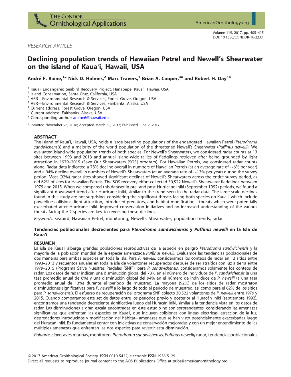 Declining Population Trends of Hawaiian Petrel and Newell's