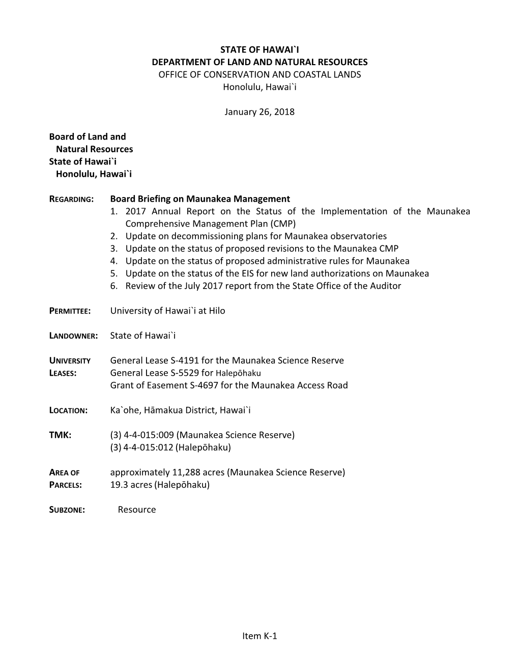 Board Briefing on Maunakea Management 1