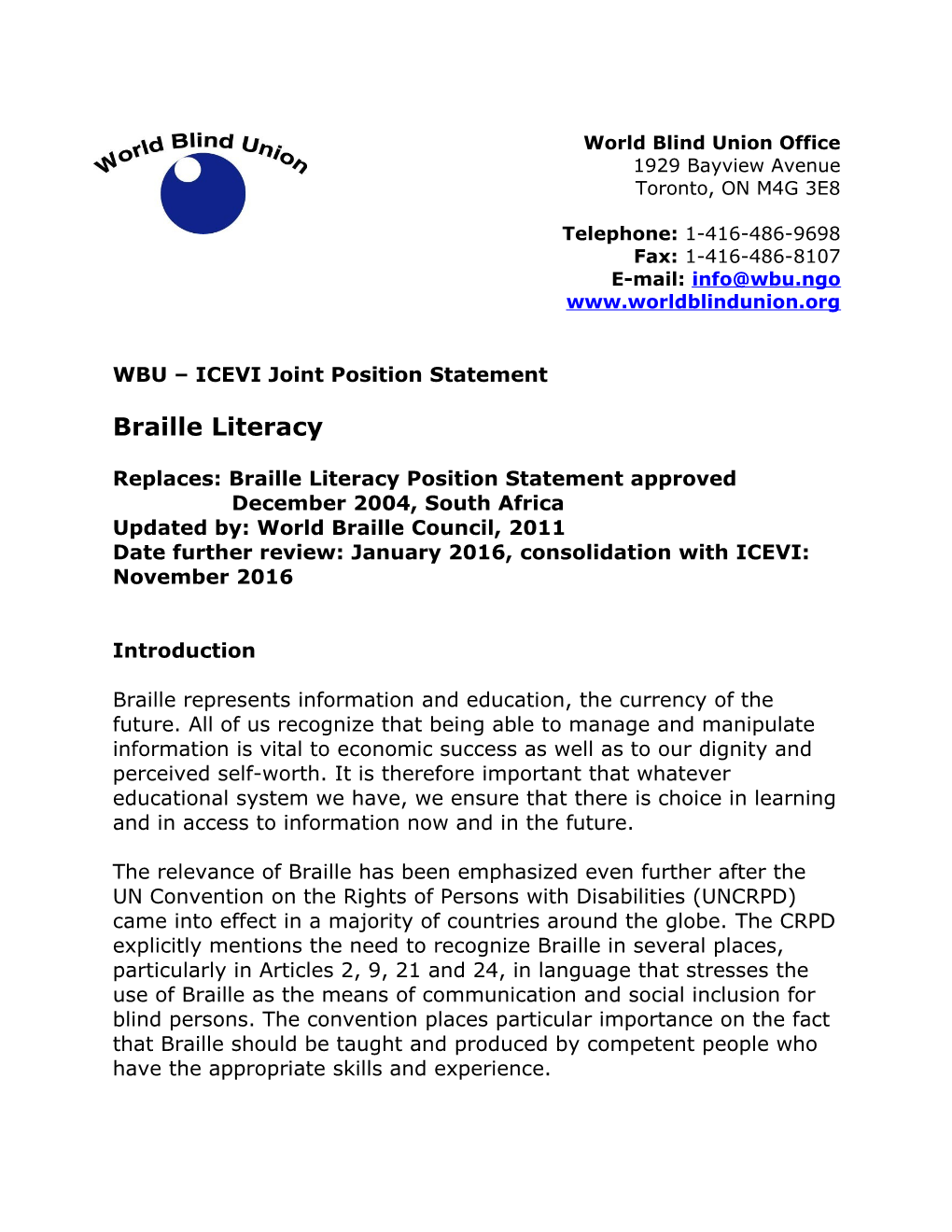 Braille Literacy Position Statement