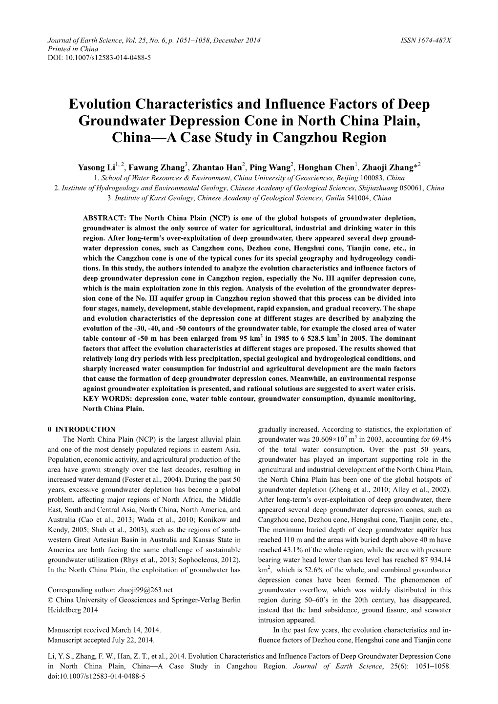 Evolution Characteristics and Influence Factors of Deep Groundwater Depression Cone in North China Plain, China––A Case Study in Cangzhou Region