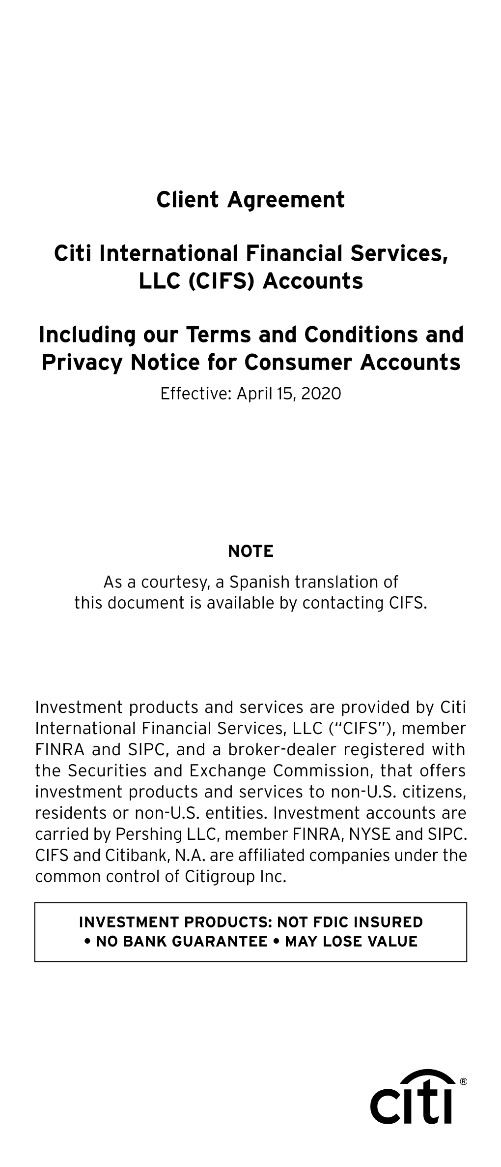 Client Agreement Citi International Financial Services, LLC (CIFS)