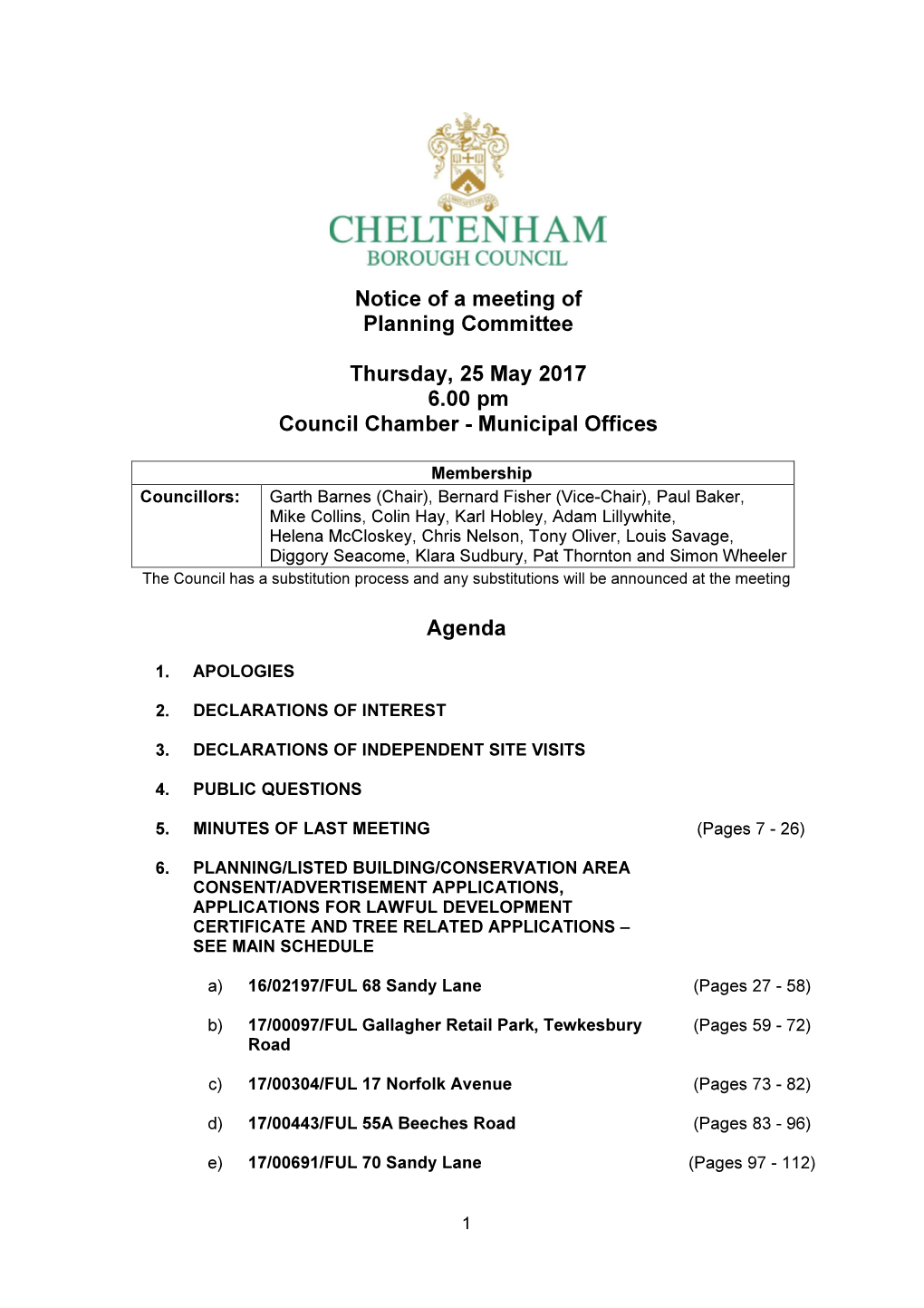 Notice of a Meeting of Planning Committee Thursday, 25 May 2017