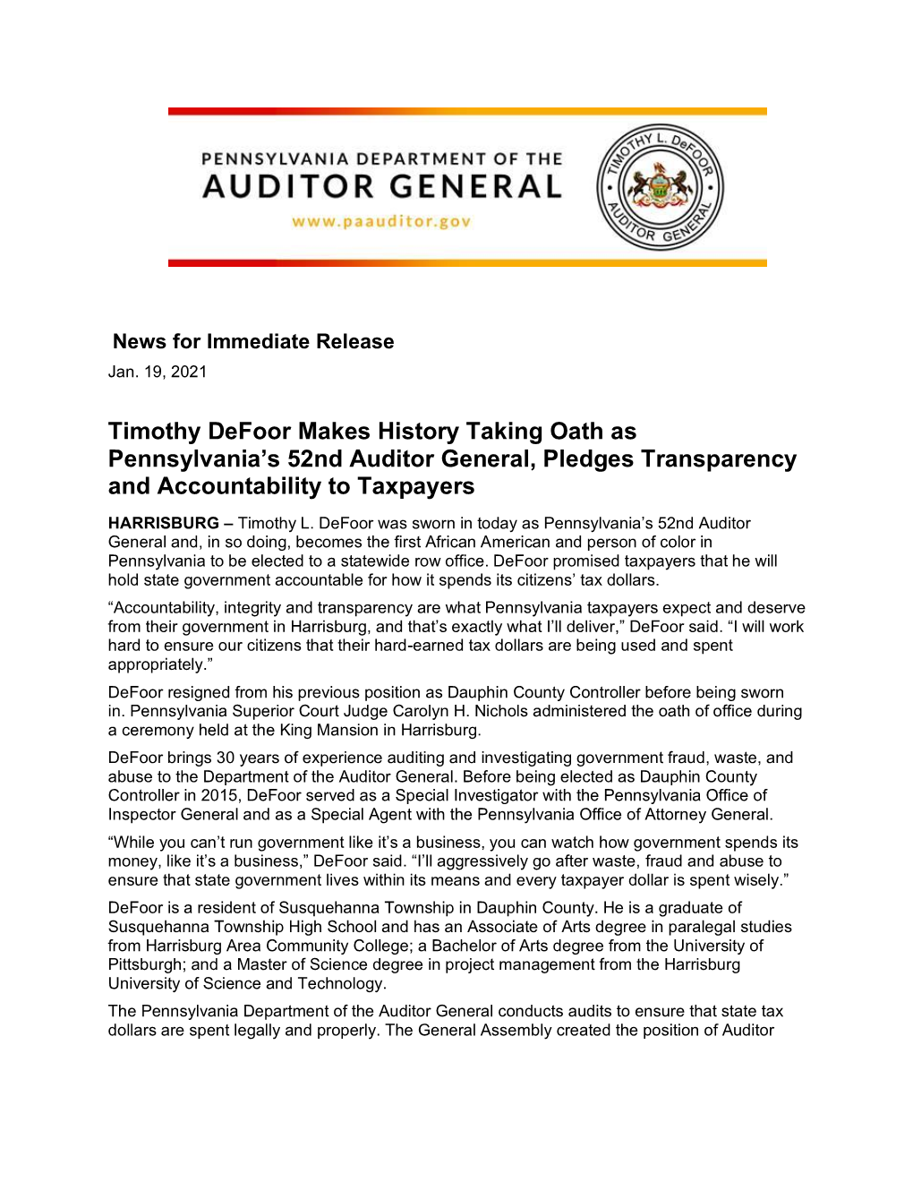Timothy Defoor Makes History Taking Oath As Pennsylvania's 52Nd Auditor General, Pledges Transparency and Accountability to Ta