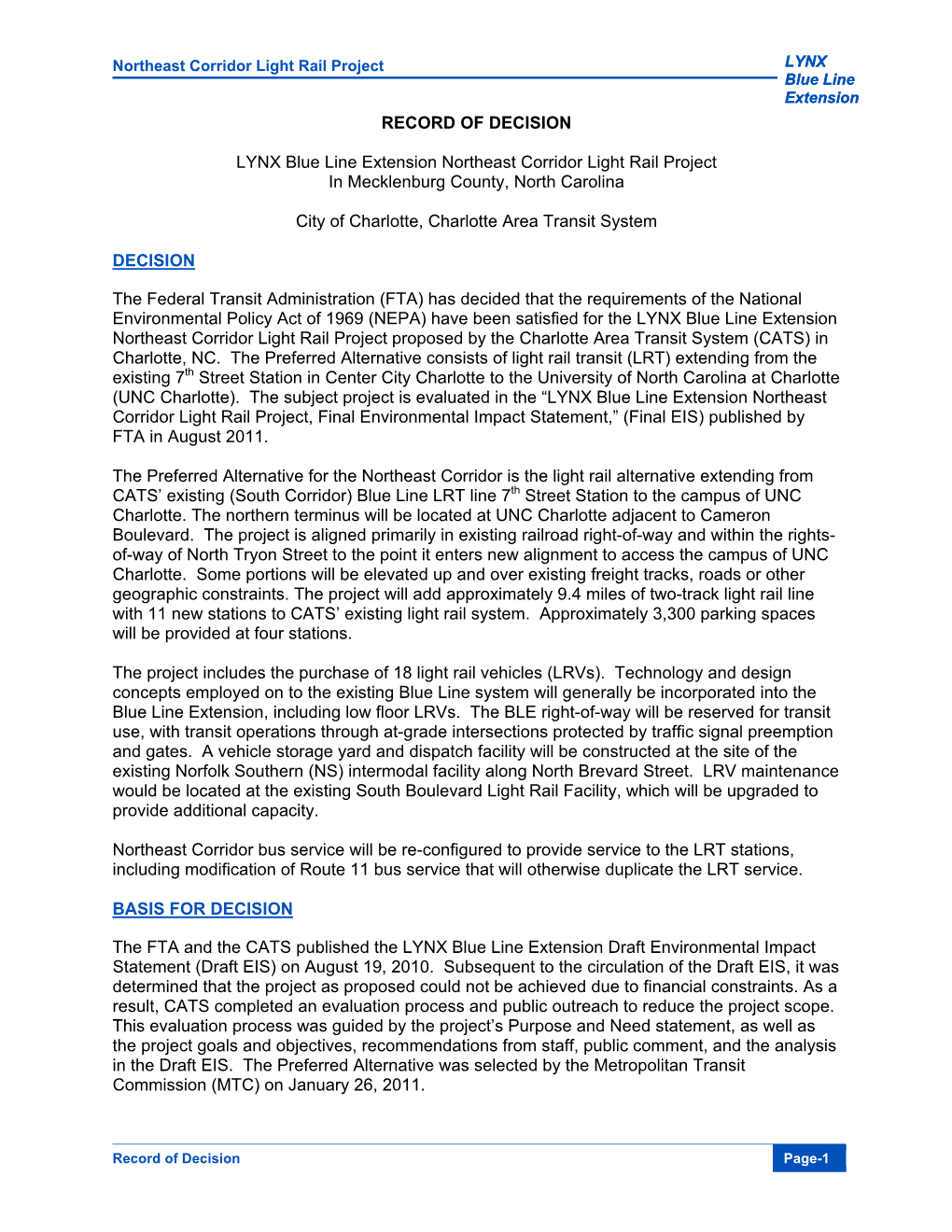 RECORD of DECISION LYNX Blue Line Extension Northeast Corridor