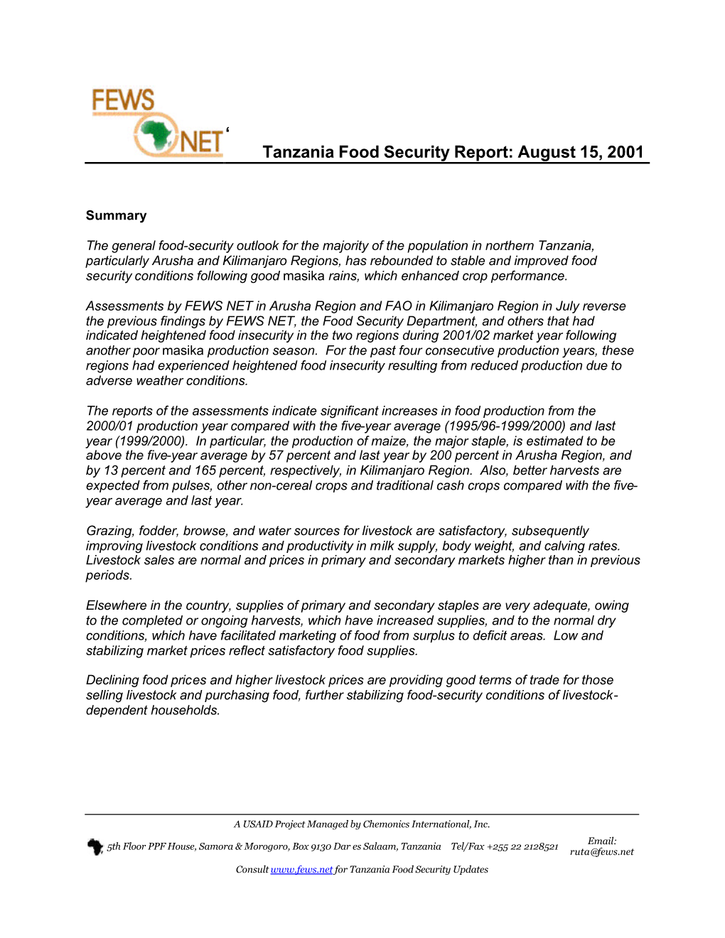' Tanzania Food Security Report: August 15, 2001