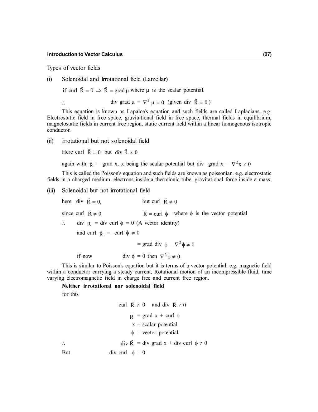 Types of Vector Fields (I) Solenoidal and Irrotational Field (Lamellar) (Ii