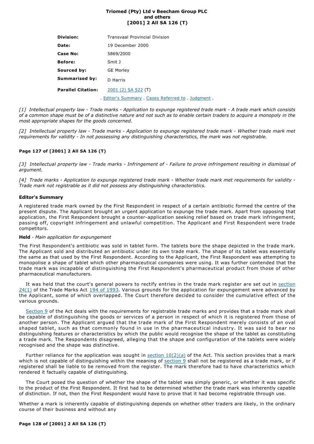 Pty) Ltd V Beecham Group PLC and Others [2001] 2 All SA 126 (T