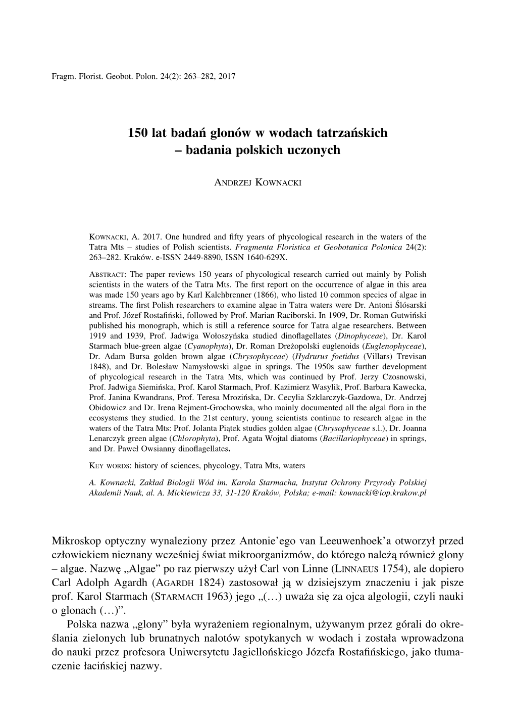 150 Lat Badań Glonów W Wodach Tatrzańskich – Badania Polskich Uczonych