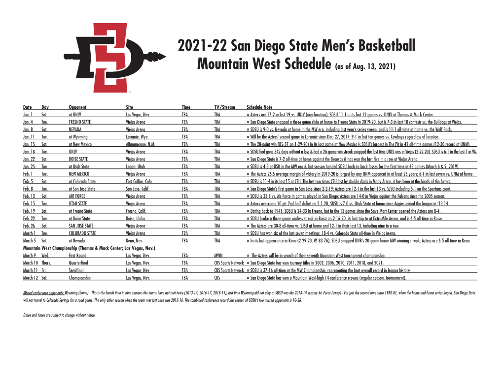 2021-22 San Diego State Men's Basketball Mountain West Schedule (As of Aug. 13, 2021)