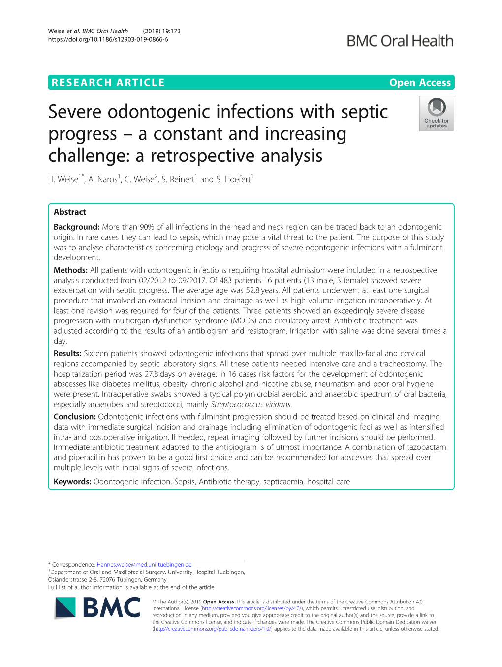 Severe Odontogenic Infections with Septic Progress – a Constant and Increasing Challenge: a Retrospective Analysis H