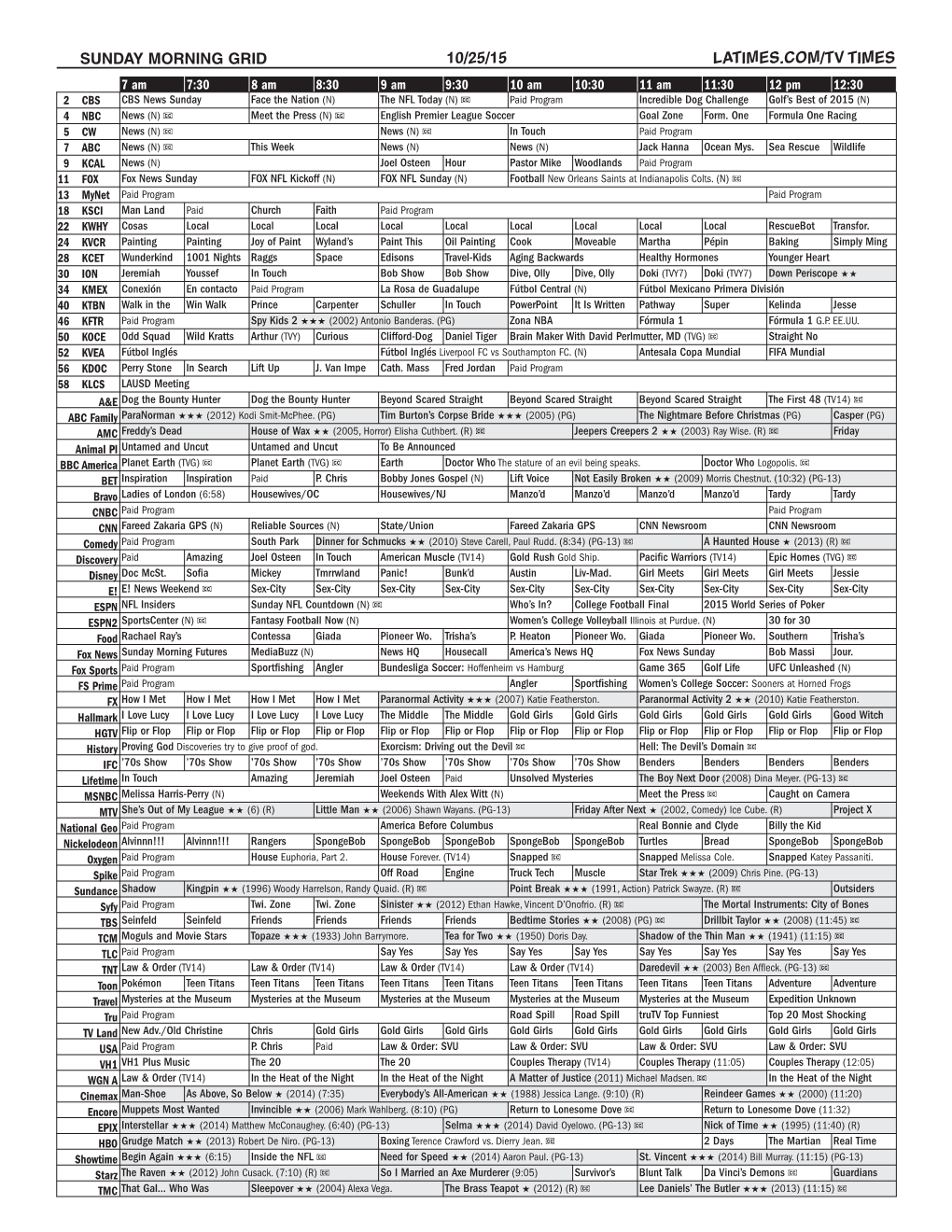 Sunday Morning Grid 10/25/15 Latimes.Com/Tv Times