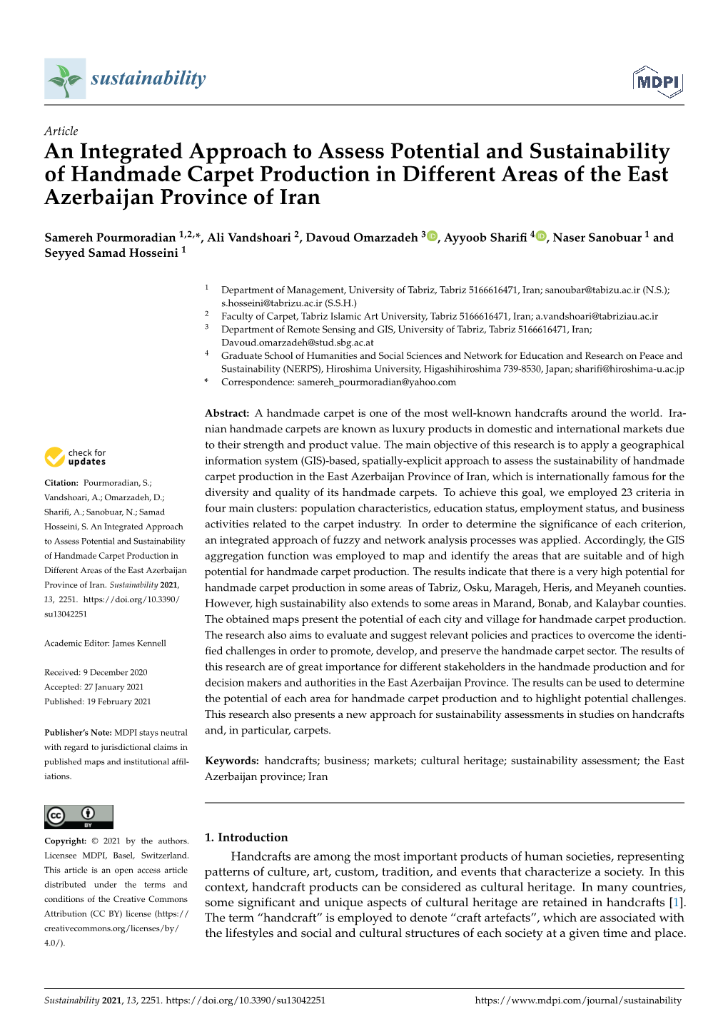 An Integrated Approach to Assess Potential and Sustainability of Handmade Carpet Production in Different Areas of the East Azerbaijan Province of Iran