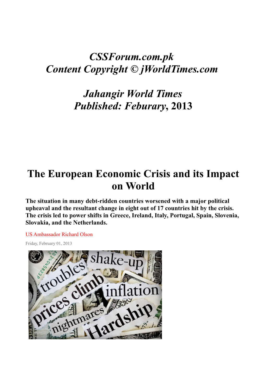 Feburary, 2013 the European Economic Crisis