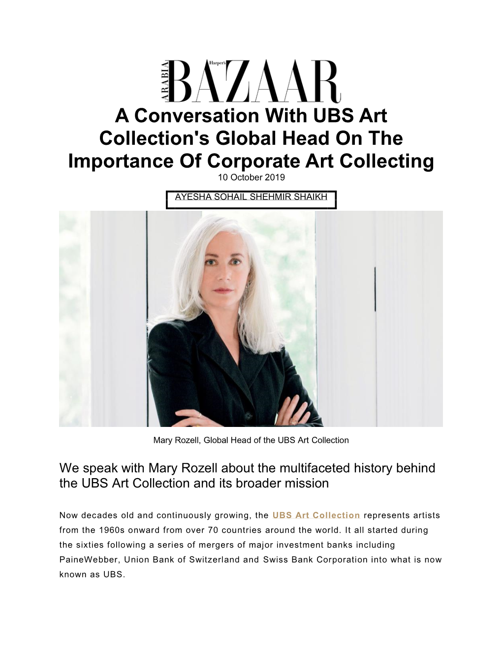 A Conversation with UBS Art Collection's Global Head on the Importance of Corporate Art Collecting 10 October 2019