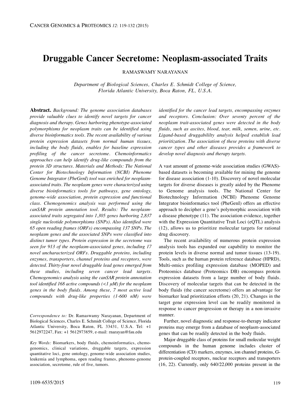 Neoplasm-Associated Traits RAMASWAMY NARAYANAN