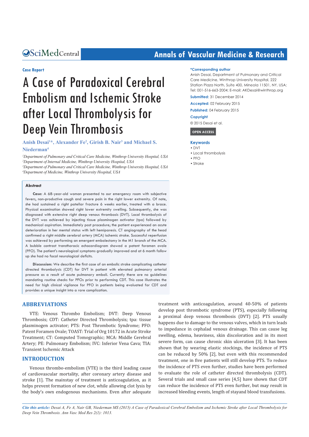 A Case of Paradoxical Cerebral Embolism and Ischemic Stroke After Local Thrombolysis for Deep Vein Thrombosis