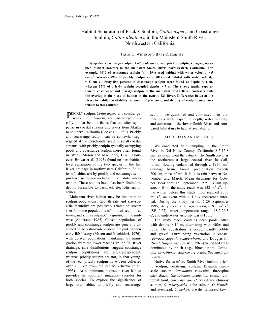 Habitat Separation of Prickly Sculpin and Coastrange Sculpin