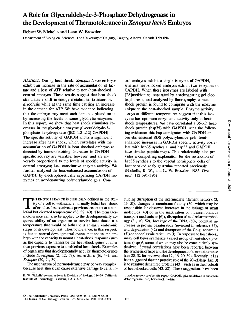 A Role for Glyceraldehyde-3-Phosphate Dehydrogenase in the Development of Thermotolerance in Xenopus Laevis Embryos Robert W